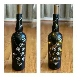 HAND Crafted Hand Painted Wine Bottle Black White Silver Gold with Fairy Lights